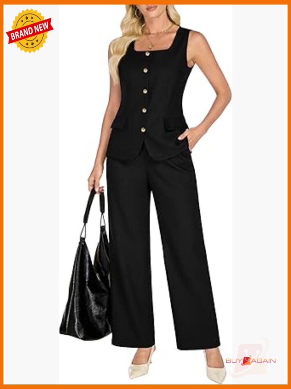 2 Pc Sleeveless Blazer & Wide Leg Pants Set Business Casual